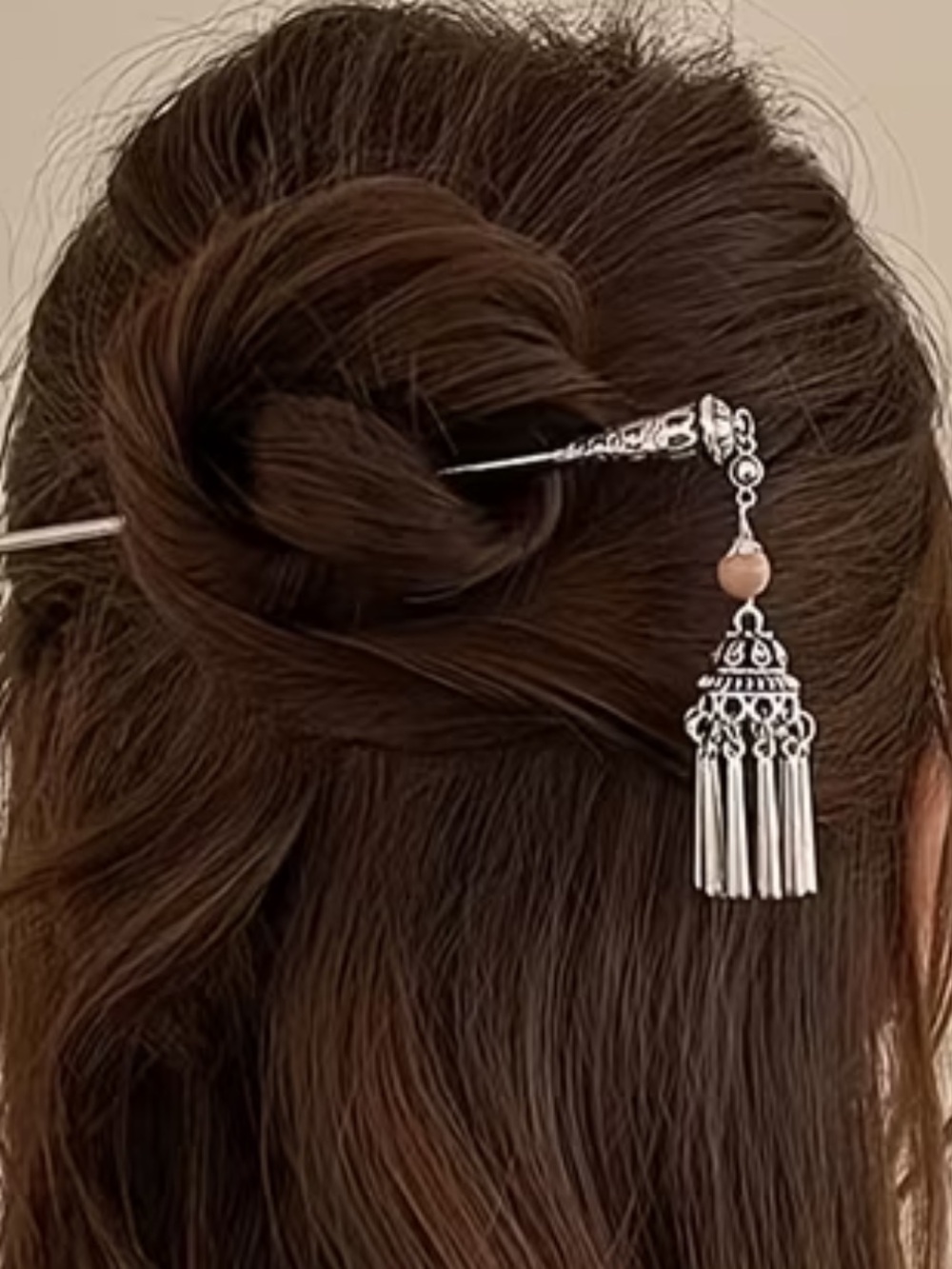 Silver Lantern Tassel Hair Pin with Purple Bead - Hair Accessory